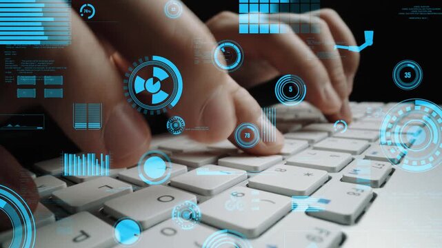 A close-up view of hands typing on a keyboard with an overlay of futuristic digital graphics, illustrating a seamless blend of technology and communication in a modern workspace. Xenic