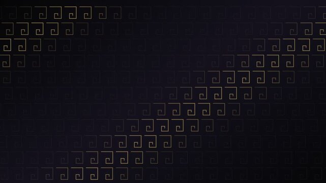 Elegant motion graphics background featuring glowing golden Greek key patterns moving across a dark, textured purple surface, perfect for luxury branding