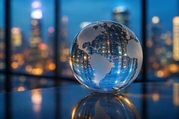 Fototapeta premium A crystal globe reflecting the city lights at night, symbolizing global business and connectivity.