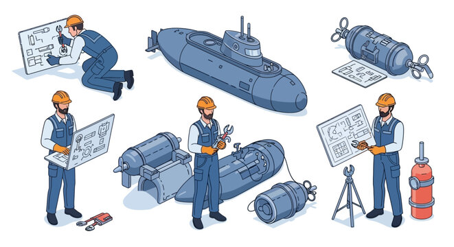 Engineers in a workshop develop clean fuel systems for submarines and machinery with tools and blueprints.