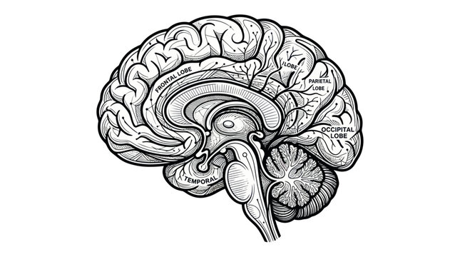 Human Brain Anatomy Diagram, Sagittal View, Medical Illustration
