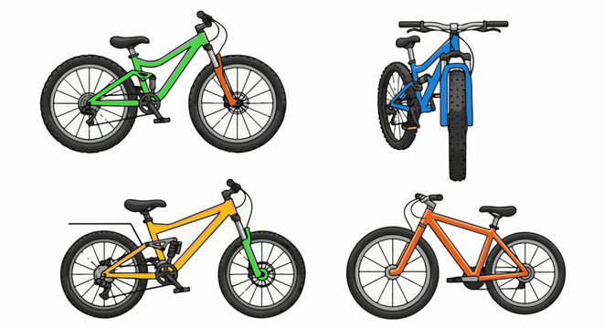 Four colorful mountain bikes on display.