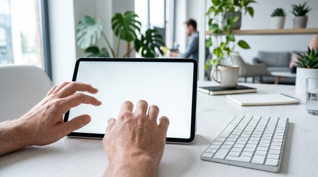 POV mockup of hands touching a blank screen tablet on a desk in a bright modern office