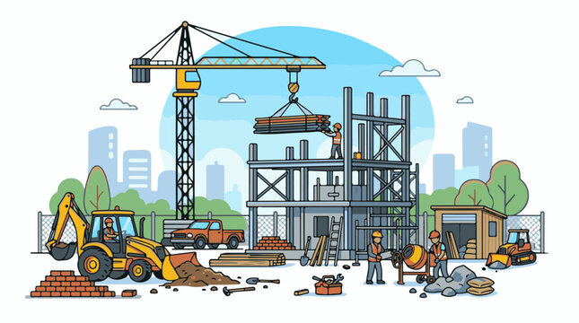 Construction site with workers and machinery.