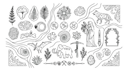 Natural History Hand-Drawn Vector Icon Set, 40 Detailed Black and White Illustrations of Ancient Life, Geology, and Mythology, Perfect for Educational Content and Vintage Designs © Logan