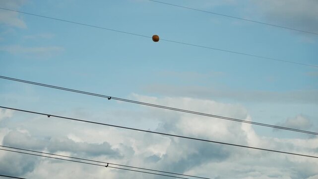 Power infrastructure featuring overhead utility cables and aviation safety marker.