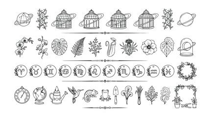 Botanical and Astrological Vector Icon Set, 40 Hand-Drawn Line Art Elements for Nature and Cosmos Themes, Elegant Black and White Illustrations for Design Projects © Logan