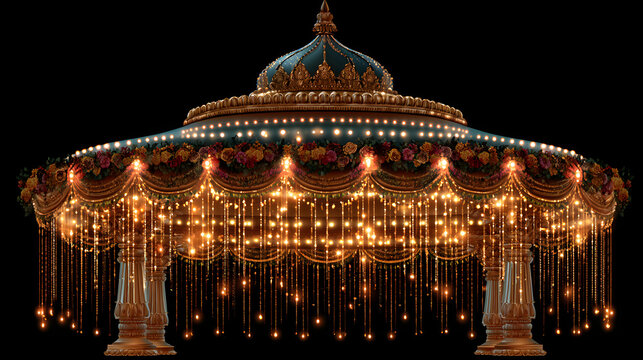 Illuminated Merry Go Round Carousel at Night in a Historic City Park with Church Cathedral Architecture Reflected on Water Under the Evening Sky