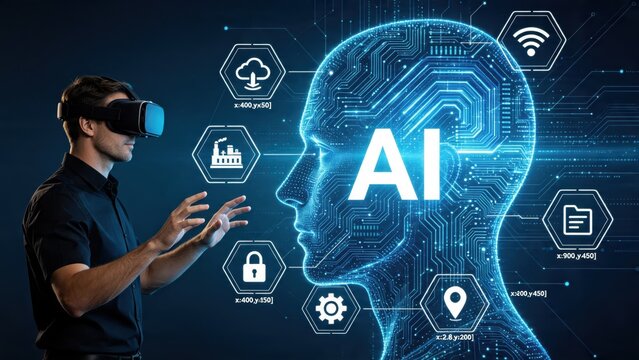 Man wearing VR headset interacting with artificial intelligence brain interface, futuristic technology concept