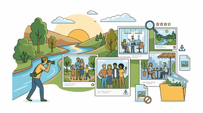 A man takes photos of a scenic landscape with a river and trees and various digital photos of people and places are dis