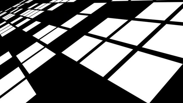 Graphic perspective view of scrolling black and white checkerboard squares. Dynamic abstract grid layout ideal for game board concepts, luma mask matte transitions, and VJ background overlays.