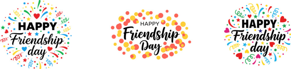 Friendship day typography designs colorful lettering with confetti and festive elements © Moshood