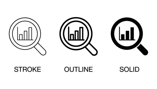 Magnifying glass icons with bar charts in stroke, outline, and solid styles