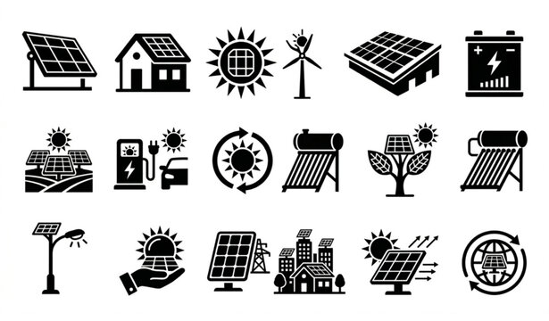 Black and white solar panel icon set with renewable energy symbols vector illustration isolated on white background