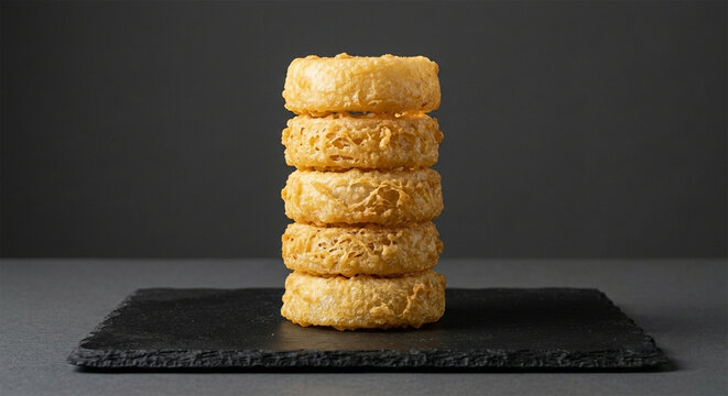 A professional product shot of exactly five uniform onion rings arranged in a perfect, repeating vertical stack on a matte black ceramic slate. 