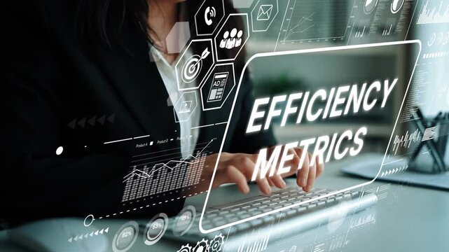 Businesswoman Analyzing Data with Efficiency Metrics in a Modern Office Environment for Corporate Growth and Development. Asymptotic smart data analytic.