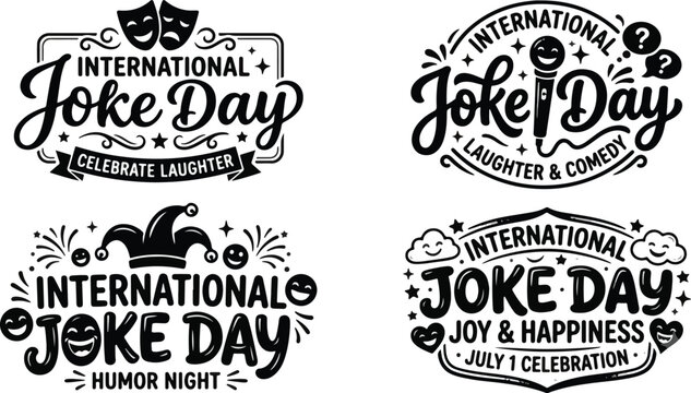 International Joke Day 2026 Hand-Drawn Calligraphy Text Set with Black Silhouette Typography Vector Logos on White Background
