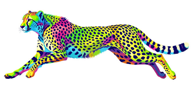 Colorful cheetah running fast freely outside.