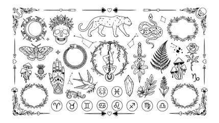 Mystical black and white vector collection, esoteric spiritual symbols, witchcraft design elements, celestial and astrological icons, magic animal illustrations, decorative frames © Logan