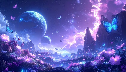 Fototapeta premium A surreal and enchanting landscape featuring glowing flowers, bioluminescent butterflies, and two planets in the sky, bathed in a mystical purple and blue light