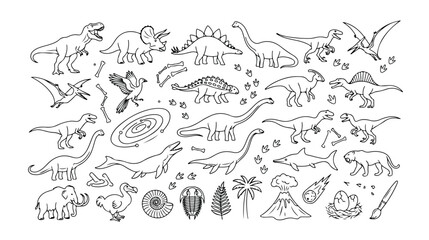 Dinosaur vector illustration set, prehistoric animal collection, ancient creatures and fossils, hand-drawn outline for educational content and kids' designs © Logan