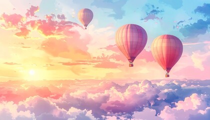Obraz premium Three hot air balloons drifting through a beautiful sunset sky filled with soft, colorful clouds. The sun is setting on the left side of the frame, casting a warm glow across the scene.