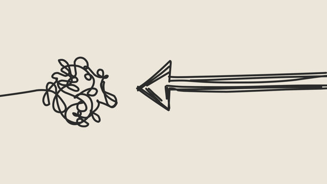 Abstract hand drawn arrow pointing at tangled scribble knot vector on cream background, doodle concept of problem solving, direction to confusion, strategy or finding solution