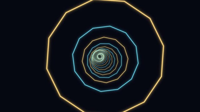 Travel through a dark digital tunnel made of glowing cyan and orange polygonal wireframes. Perfect for retro futuristic, synthwave, and sci fi background designs