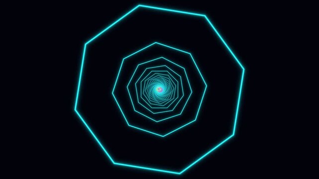 A futuristic neon blue octagonal spiral tunnel glowing against a dark background. Ideal for sci fi, synthwave, and high tech digital designs