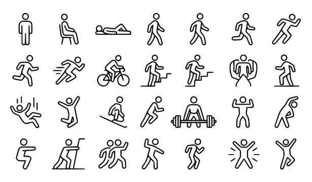 Human Movement Line Icon Set with Person Pose and Activity Vector Symbols