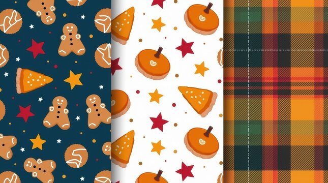 Seamless pattern set with gingerbread cookies pumpkin pie slices and autumn plaid design