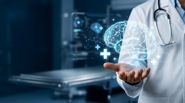 Medical Specialist Examining Three Dimensional Holographic Brain Interface, Neurological Research and AI Healthcare Concept