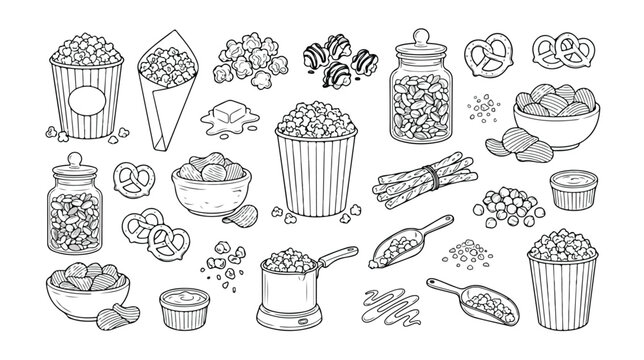 Hand-drawn popcorn snack collection, a detailed vector illustration set featuring various popcorn servings, pretzels, and candy, perfect for cinema, movie night, and concession stand designs.