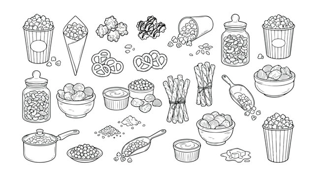 Snack food vector collection, hand-drawn outline illustrations of popcorn, pretzels, and various crunchy snacks. Delicious movie night treats and party food elements for menus and packaging