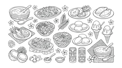 Hawaiian food vector collection, traditional Polynesian cuisine, tropical island dishes and desserts, outline graphic resource for menus and recipes © Logan