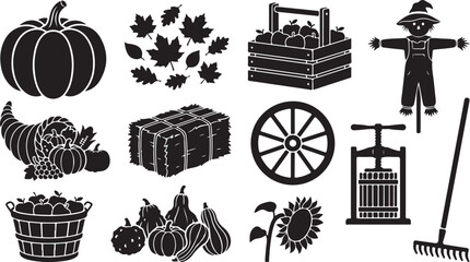 Collection of black silhouette featuring autumn harvest symbols, including a pumpkin, fallen leaves, a crate of apples, a scarecrow, a cornucopia, a hay bale, a wagon wheel, a cider press, and a rake © MdAbu