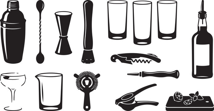 Black and white silhouette set of bar tools and cocktail glassware, including a shaker, jigger, muddler, strainer, citrus press, corkscrew, mixing glass, and a cutting board with lime slices