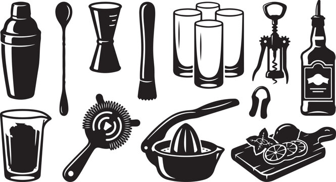 Collection of black and white barware featuring a cocktail shaker, mixing spoon, jigger, muddler, tall glasses, corkscrew, liquor bottle, hawthorne strainer, citrus juicer, and fruit garnish