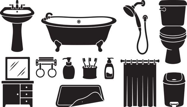 Collection of black bathroom featuring a pedestal sink, clawfoot bathtub, shower head, toilet, vanity mirror, towel rack, soap dispensers, toothbrush holder, shower curtain, and trash bin