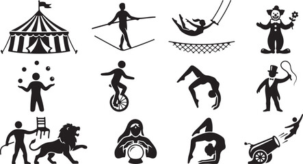 Set of black and white circus featuring a big tent, tightrope walker, trapeze artist, clown, juggler, unicyclist, acrobat, ringmaster, lion tamer, fortune teller, and human cannonball © MdAbu
