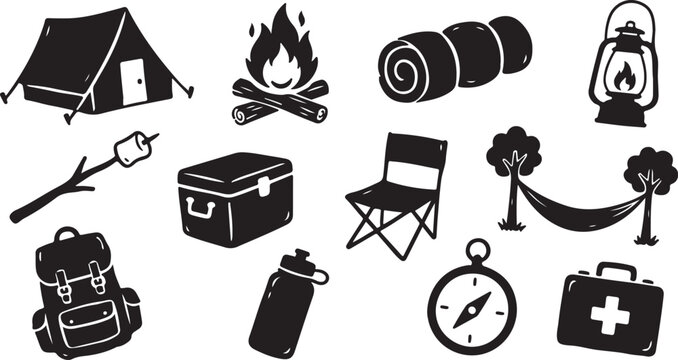 Set of black and white camping featuring a tent, campfire, sleeping bag, lantern, marshmallow on a stick, cooler, folding chair, hammock, backpack, water bottle, compass, and first aid kit