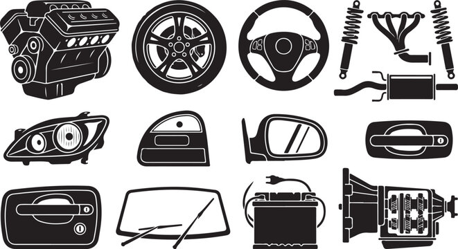 Set of black and white car parts featuring a v8 engine, alloy wheel, steering wheel, shock absorbers, exhaust manifold, headlight, side mirror, door handle, windshield wipers, and battery