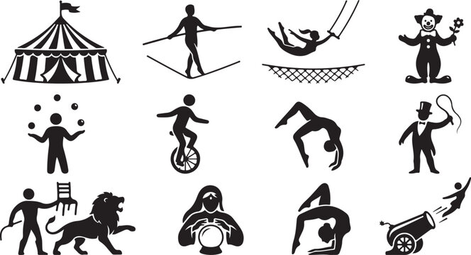 Set of black and white circus featuring a big tent, tightrope walker, trapeze artist, clown, juggler, unicyclist, acrobat, ringmaster, lion tamer, fortune teller, and human cannonball