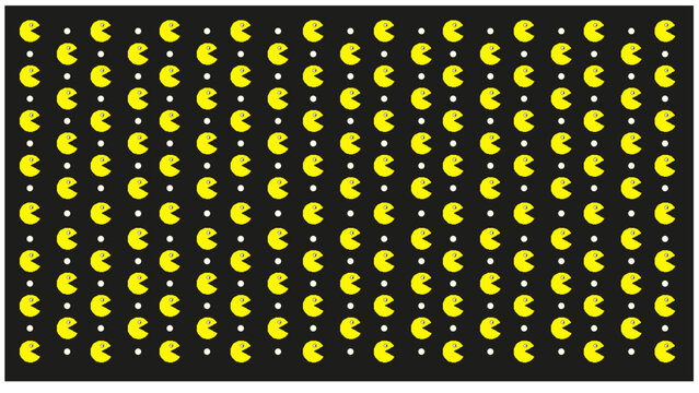 Seamless retro arcade game pattern featuring yellow Pacman-style characters and white dots on a black background.