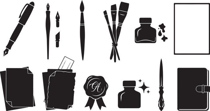 Set of black silhouette featuring writing and calligraphy tools, including fountain pens, paintbrushes, ink bottles, wax seals, parchment paper, and a leather-bound journal on white background