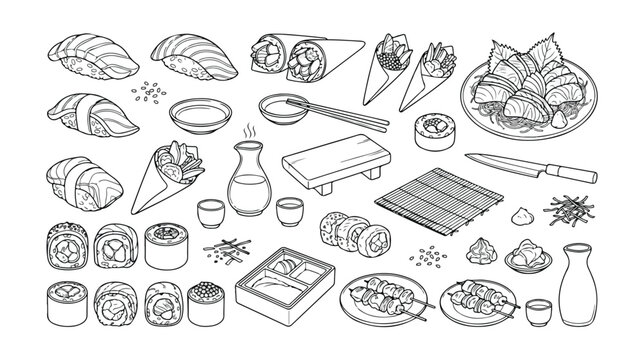 Japanese cuisine vector line art collection, traditional sushi and sashimi, Asian food elements, restaurant menu design, culinary illustration set