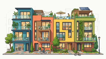 Obraz premium Colorful modern apartment buildings with balconies.