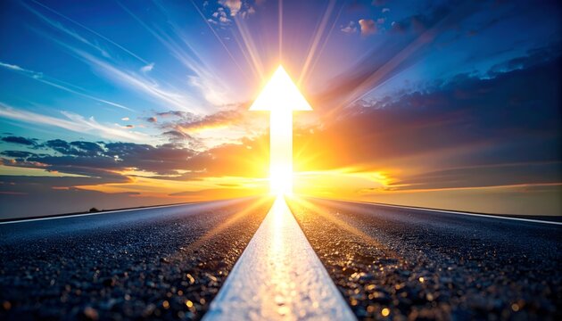 Sunlight bursts behind a bold white arrow on a road. Sky glows with vibrant orange