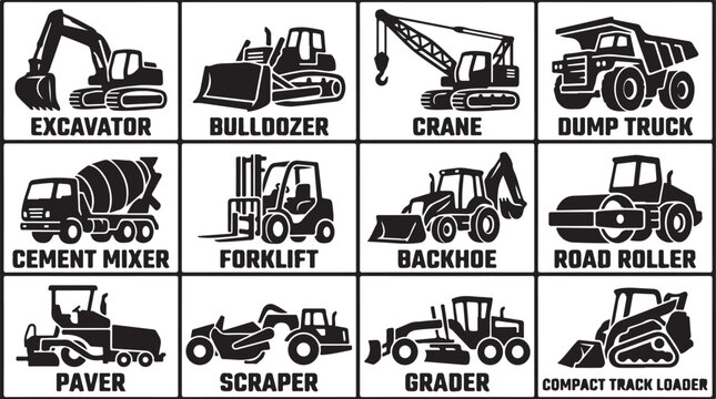Set of twelve black and white construction vehicle featuring an excavator, bulldozer, crane, dump truck, cement mixer, forklift, backhoe, road roller, paver, scraper, grader, and track loader