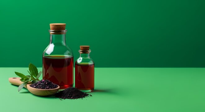 Elderberry Syrup and Berries in Glass Bottles on Green Background